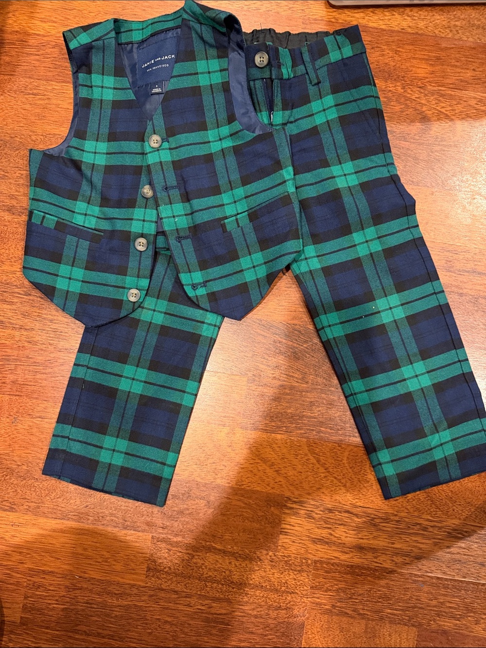 Janie and Jack Green and Navy Plaid Kids Vest & Pants